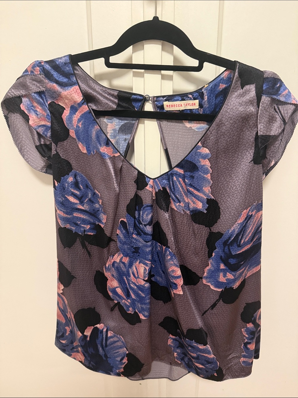 Rebecca Taylor Lavender-Purple Floral V-Neck Cap-Sleeve Blouse
